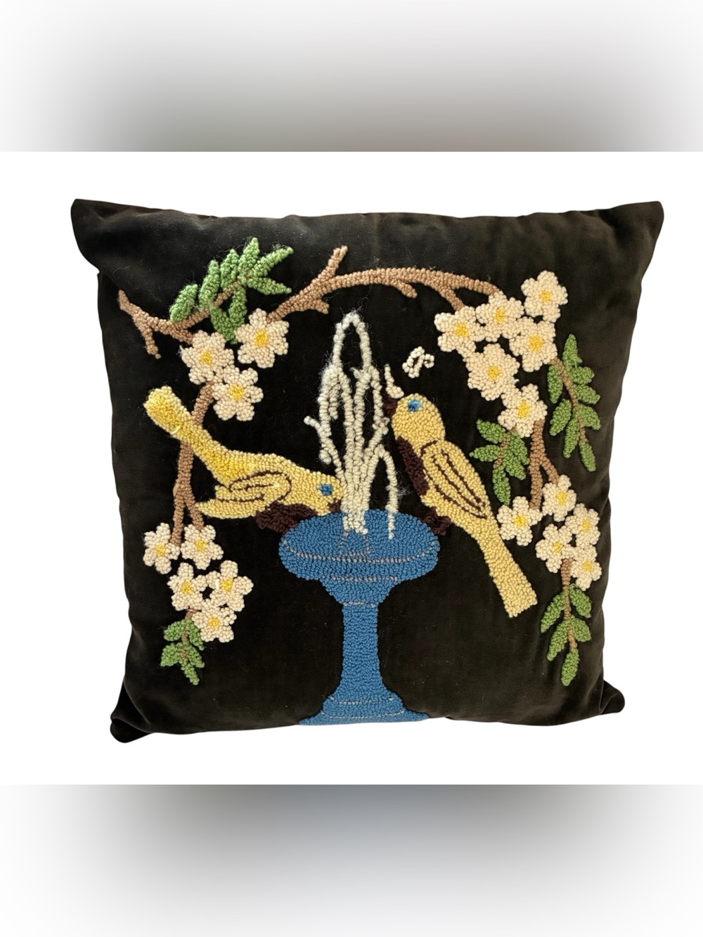 VINTAGE VELVET PUNCH NEEDLE HOOKED PILLOW FLORAL BIRDS HANDMADE ACCENT PILLOW